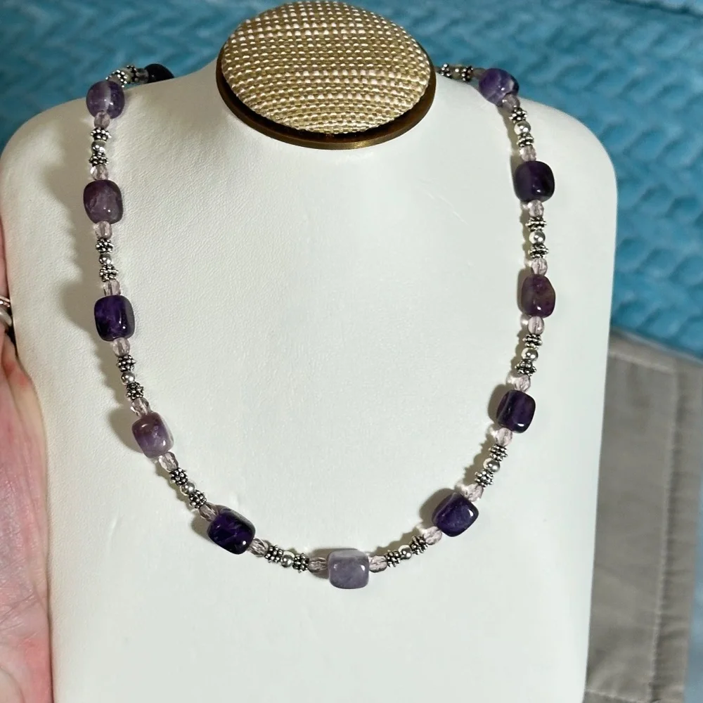 Napier Silver Tone Purple Agate Clear Crystal & Beaded Necklace Vintage - Picture 1 of 12